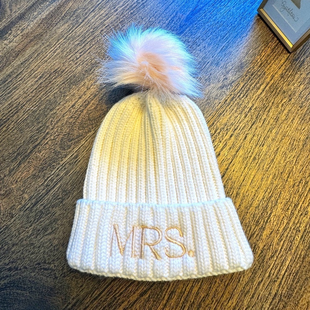 "Mrs" Embroidered Pom-Pom Beanie Hat, Cream with Blush Pom-Pom